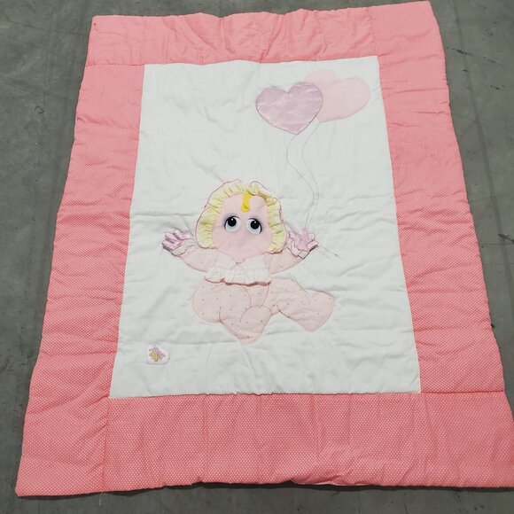 Vintage Muppet Babies Nursery Quilt Blanket With Miss Piggy Appliqué Pink Hearts - Picture 1 of 9